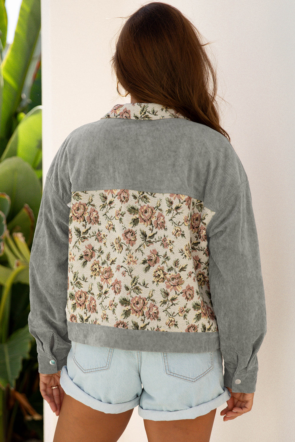 Medium Grey Ribbed Retro Floral Patchwork Shirt Style Jacket 🇺🇸