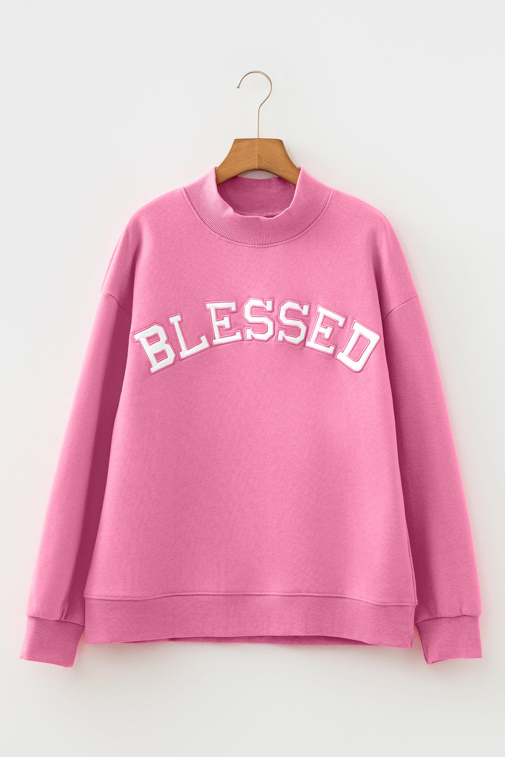 Bright Pink Oversize Blessed Embroidered Mock Neck Sweatshirt 🇺🇸