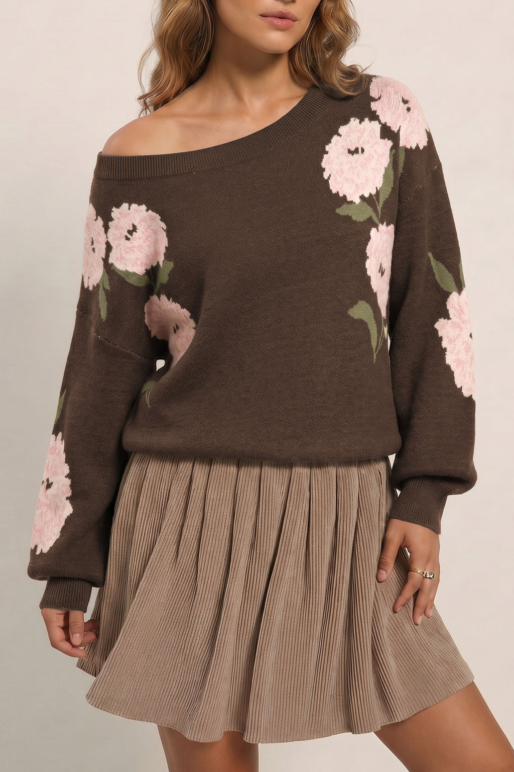 Dark Brown Floral Print Drop Shoulder Relaxed Pullover Sweater 🇬🇧