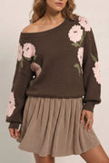 Dark Brown Floral Print Drop Shoulder Relaxed Pullover Sweater 🇬🇧