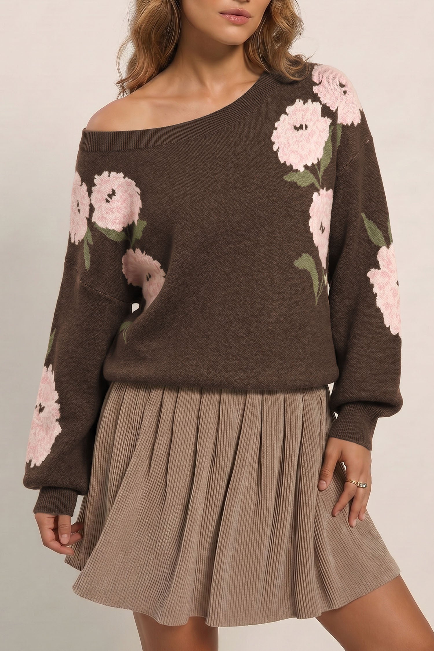 Dark Brown Floral Print Drop Shoulder Relaxed Pullover Sweater 🇬🇧