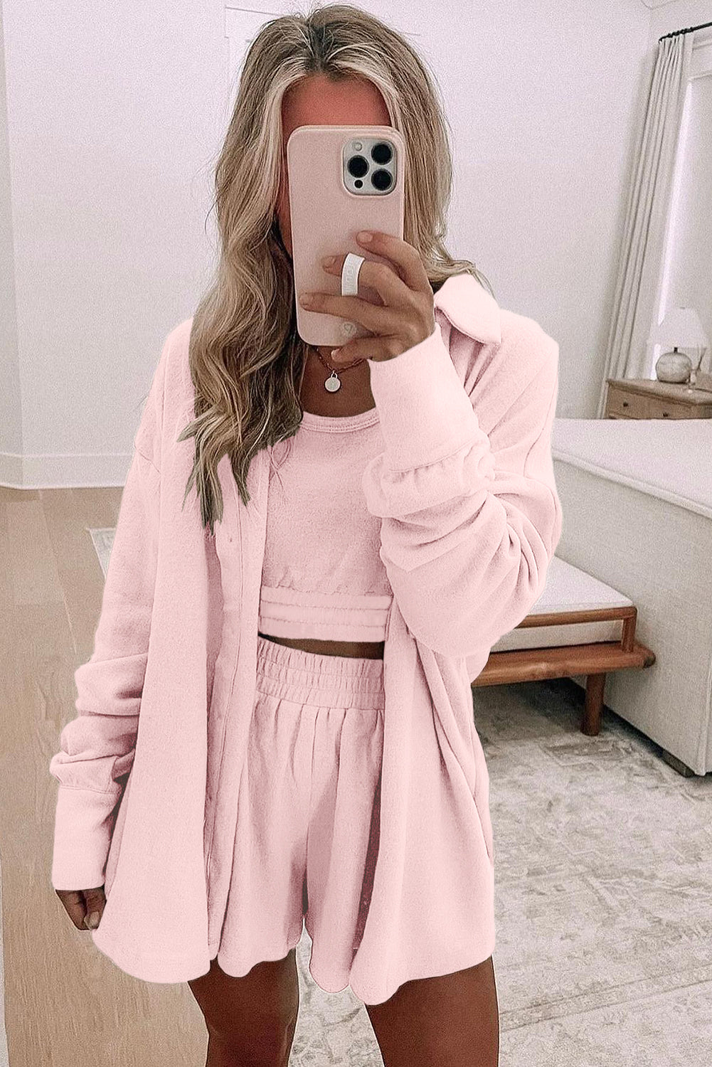 Light Pink 3 Pcs Crop Tank Top Shorts with Cardigan Lounge Set 🇨🇳