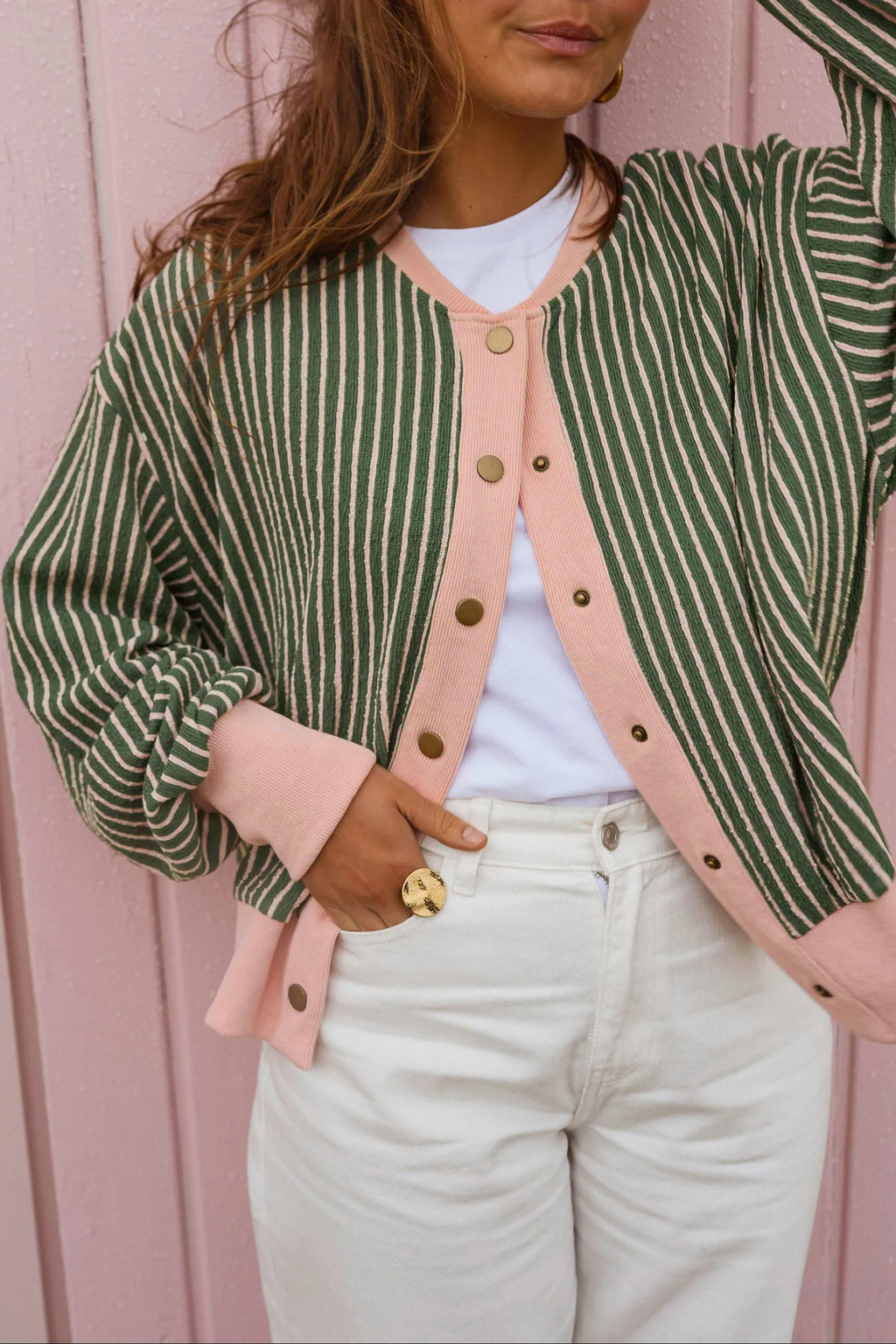 Green Stripe Striped V Neck Patchwork Long Sleeve Regular Fit Cardigan 🇺🇸