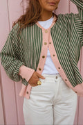 Green Stripe Striped V Neck Patchwork Long Sleeve Regular Fit Cardigan 🇺🇸