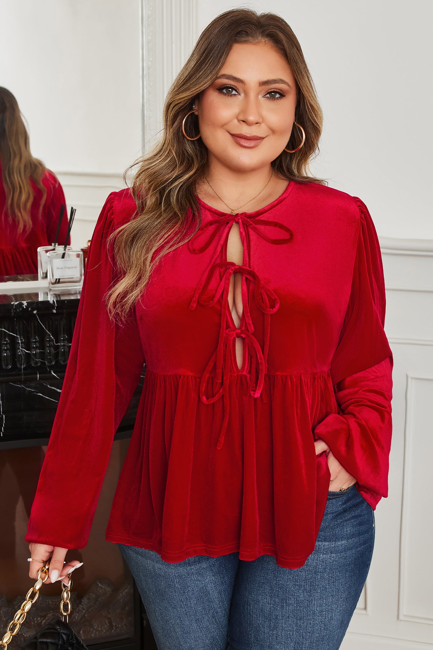 Red Clay Plus Size Tie Front Velvet Peplum Blouse 🇺🇸