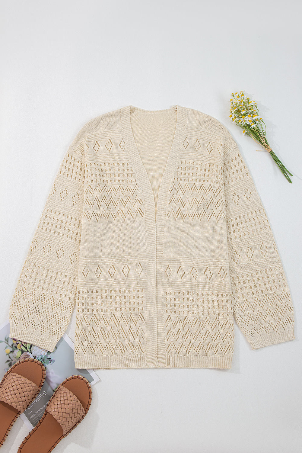Smoke Gray Solid Color Hollowed Knit Open Front Cardigan Sweater 🇺🇸