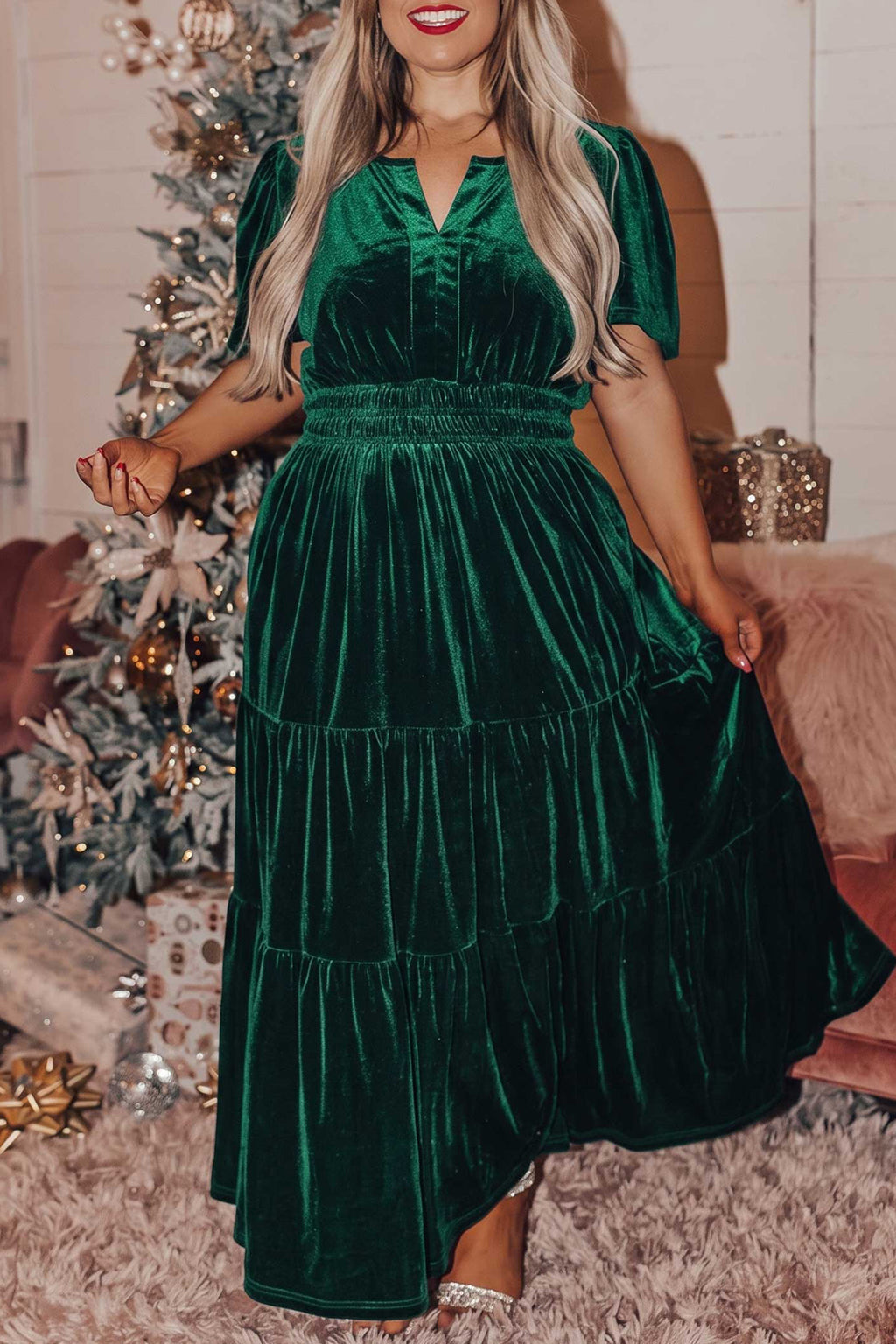Blackish Green Velvet Short Sleeve Shirred Waist Tiered Plus Size Maxi Dress 🇺🇸