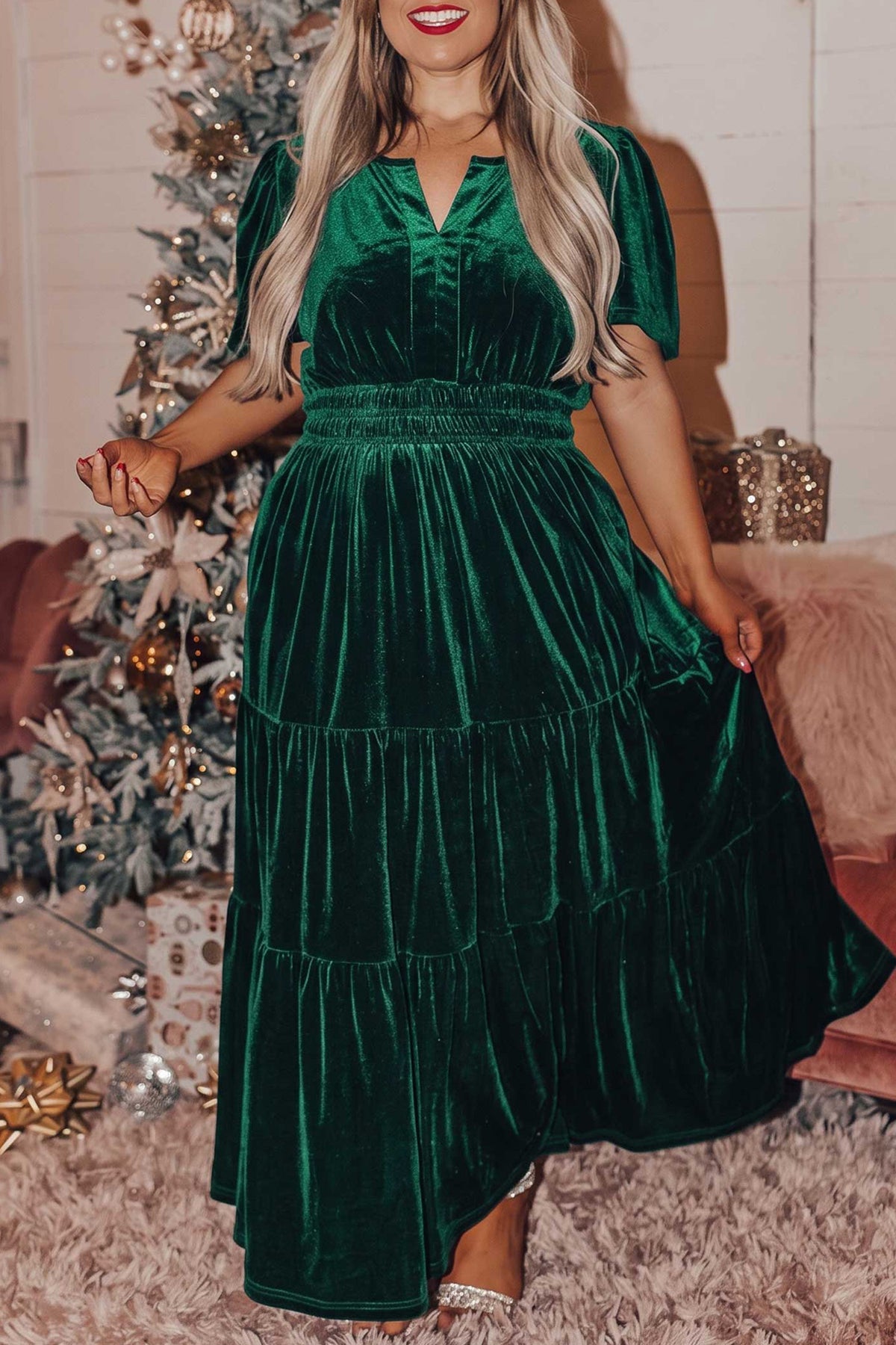 Blackish Green Velvet Short Sleeve Shirred Waist Tiered Plus Size Maxi Dress 🇺🇸