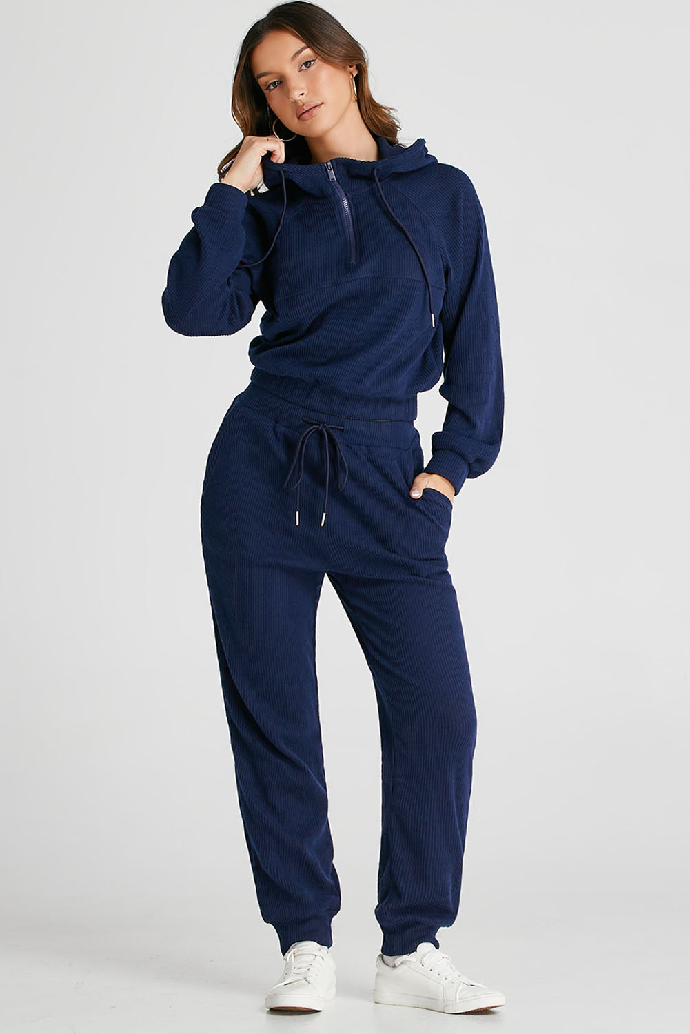 Navy Blue Ribbed Knit Cropped Hoodie and Drawstring Joggers Set 🇺🇲