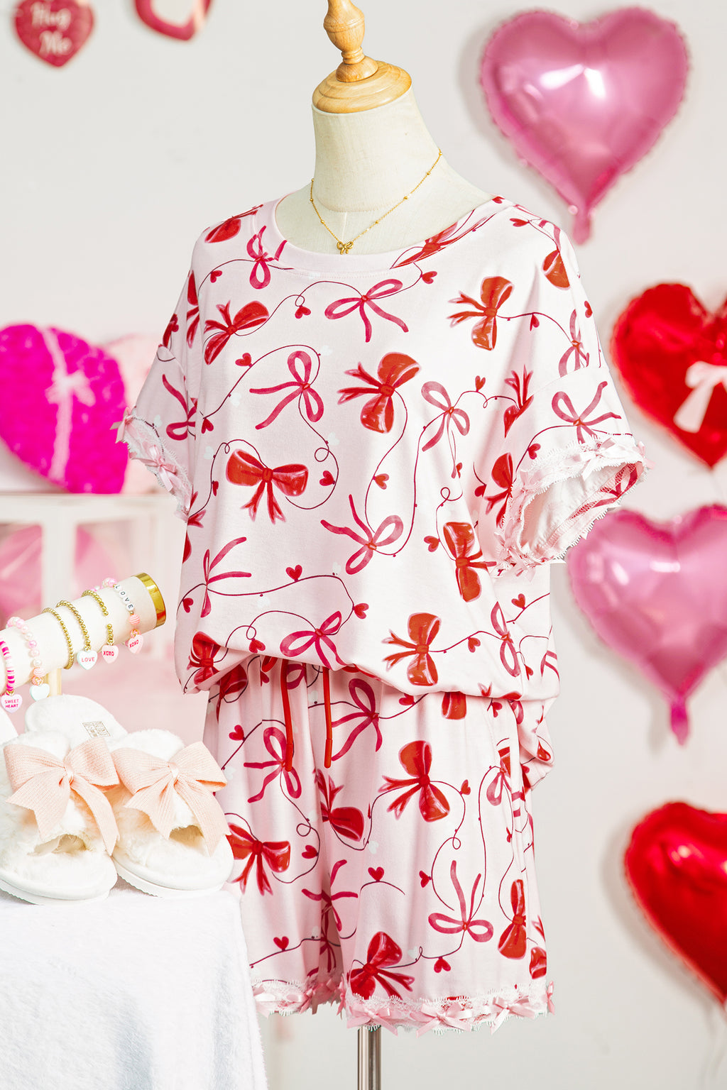 Red Romantic Bow Print Loose Tee Drawstring Shorts 2pcs Lounge Set 🇺🇸