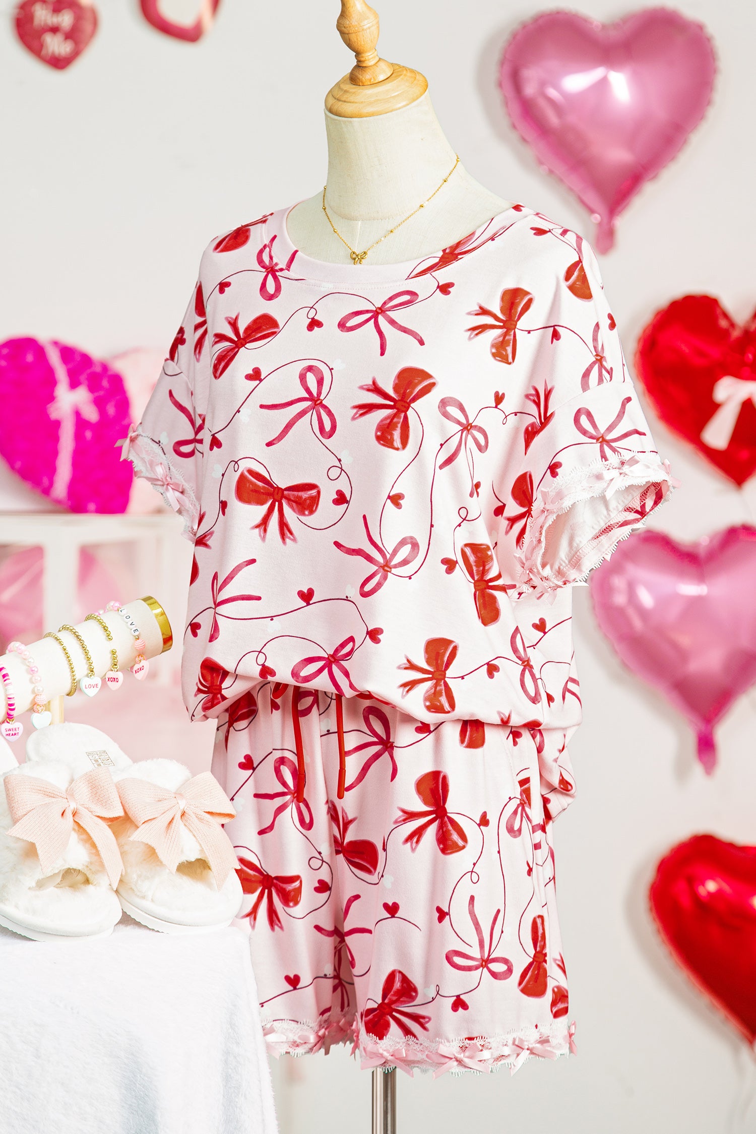 Red Romantic Bow Print Loose Tee Drawstring Shorts 2pcs Lounge Set 🇺🇸