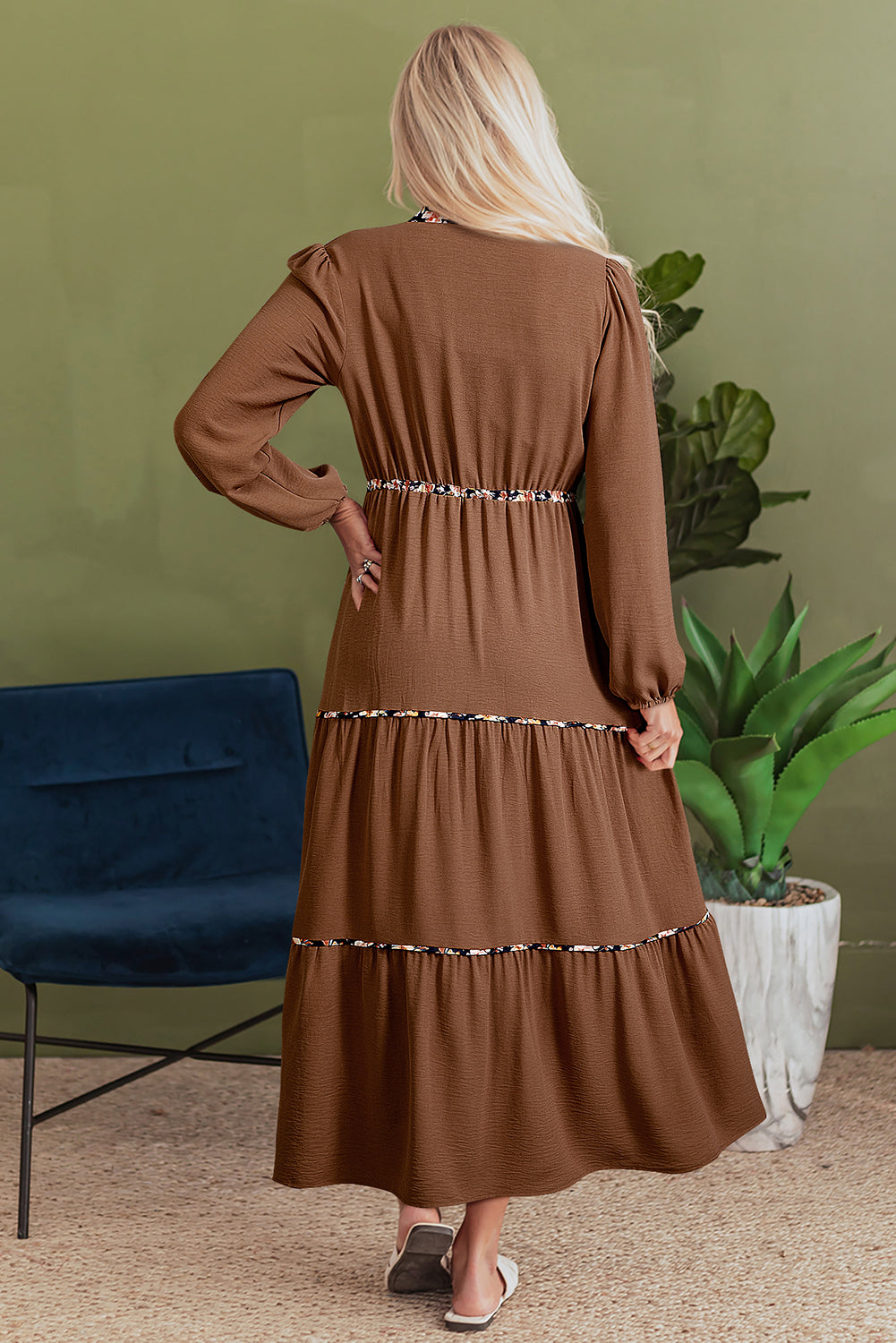 Chestnut Floral Patchwork Detail Notched Neck Long Sleeve Maxi Dress 🇺🇸