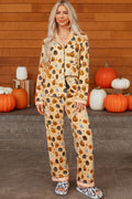 Orange Halloween Pumpkin Print Two Piece Long Sleeve Lounge Set 🇺🇸