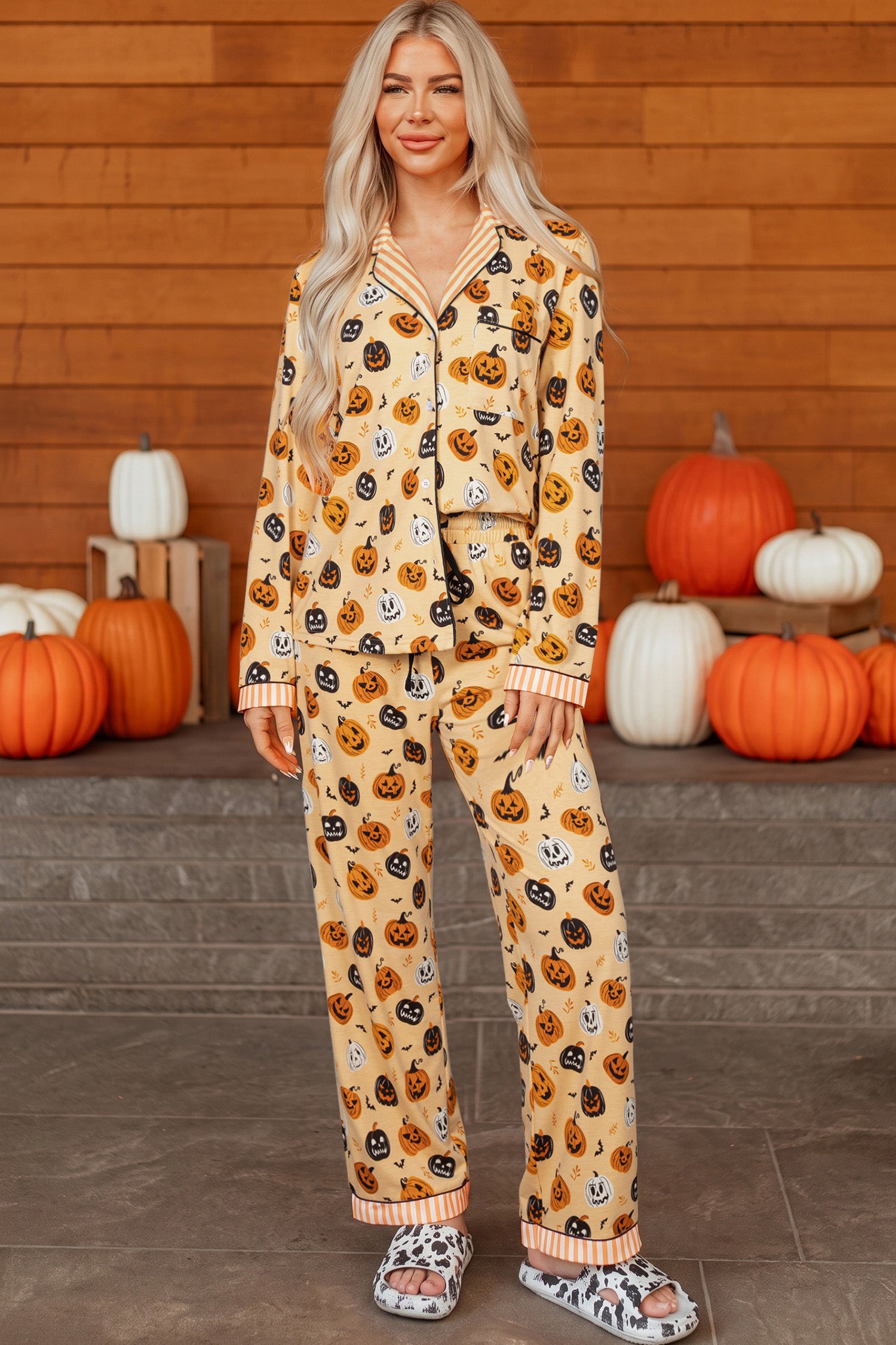 Orange Halloween Pumpkin Print Two Piece Long Sleeve Lounge Set 🇺🇸