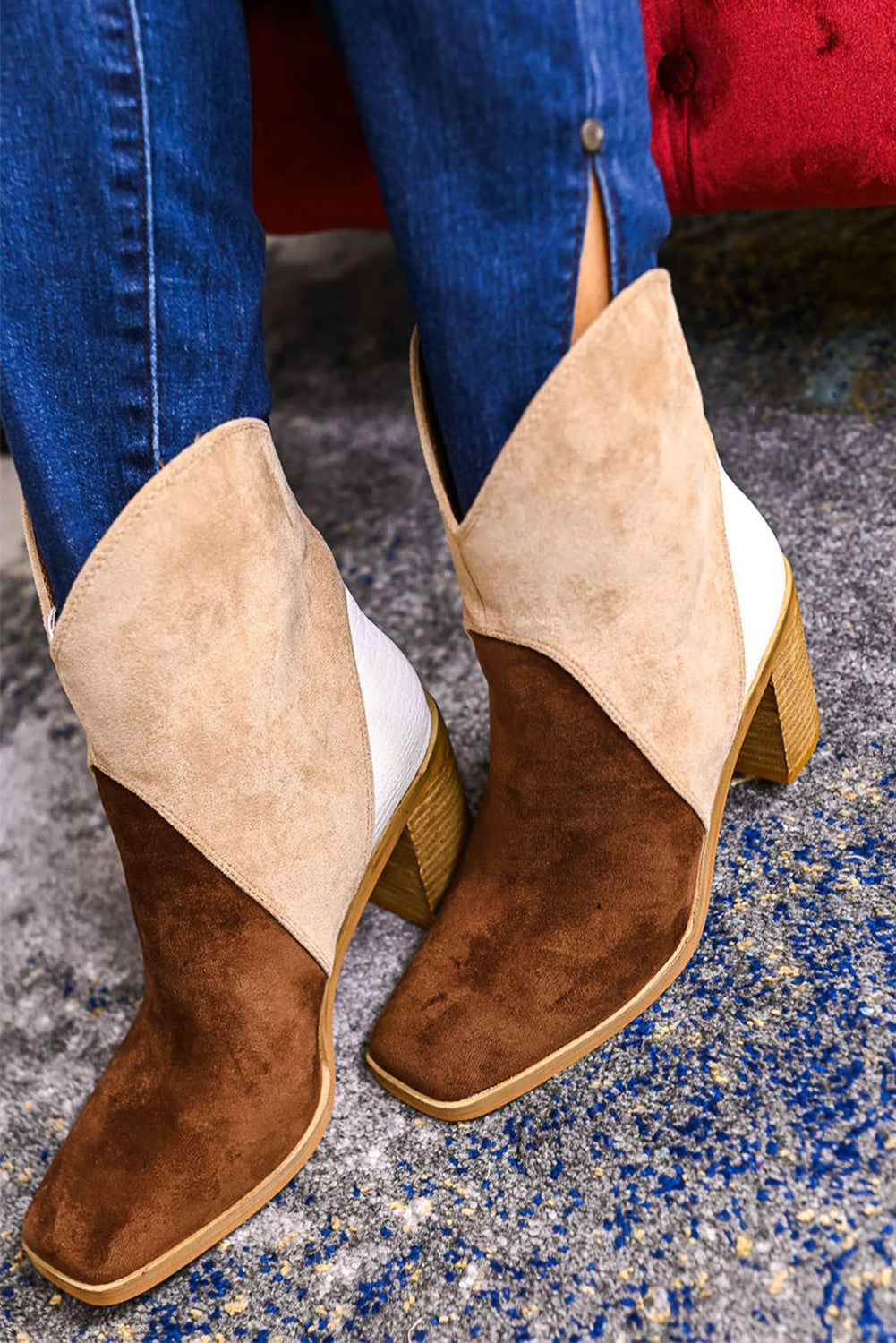 Chestnut Colorblock Suede Heeled Ankle Booties 🇺🇸