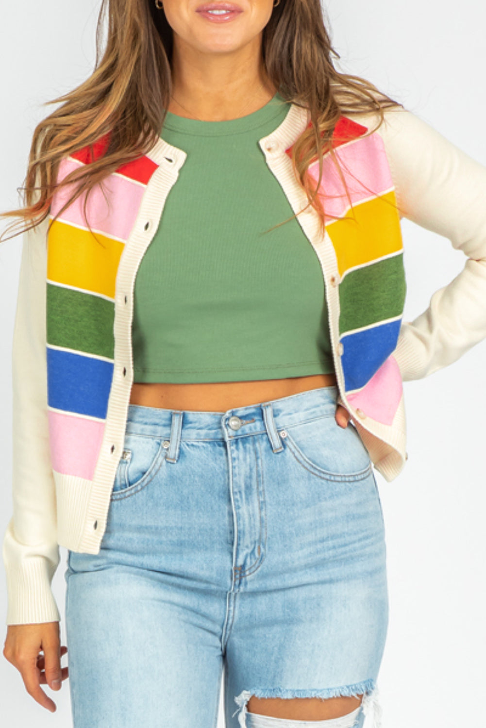 White Stripe Colorful Pattern Button Front Sweater Cardigan 🇨🇳