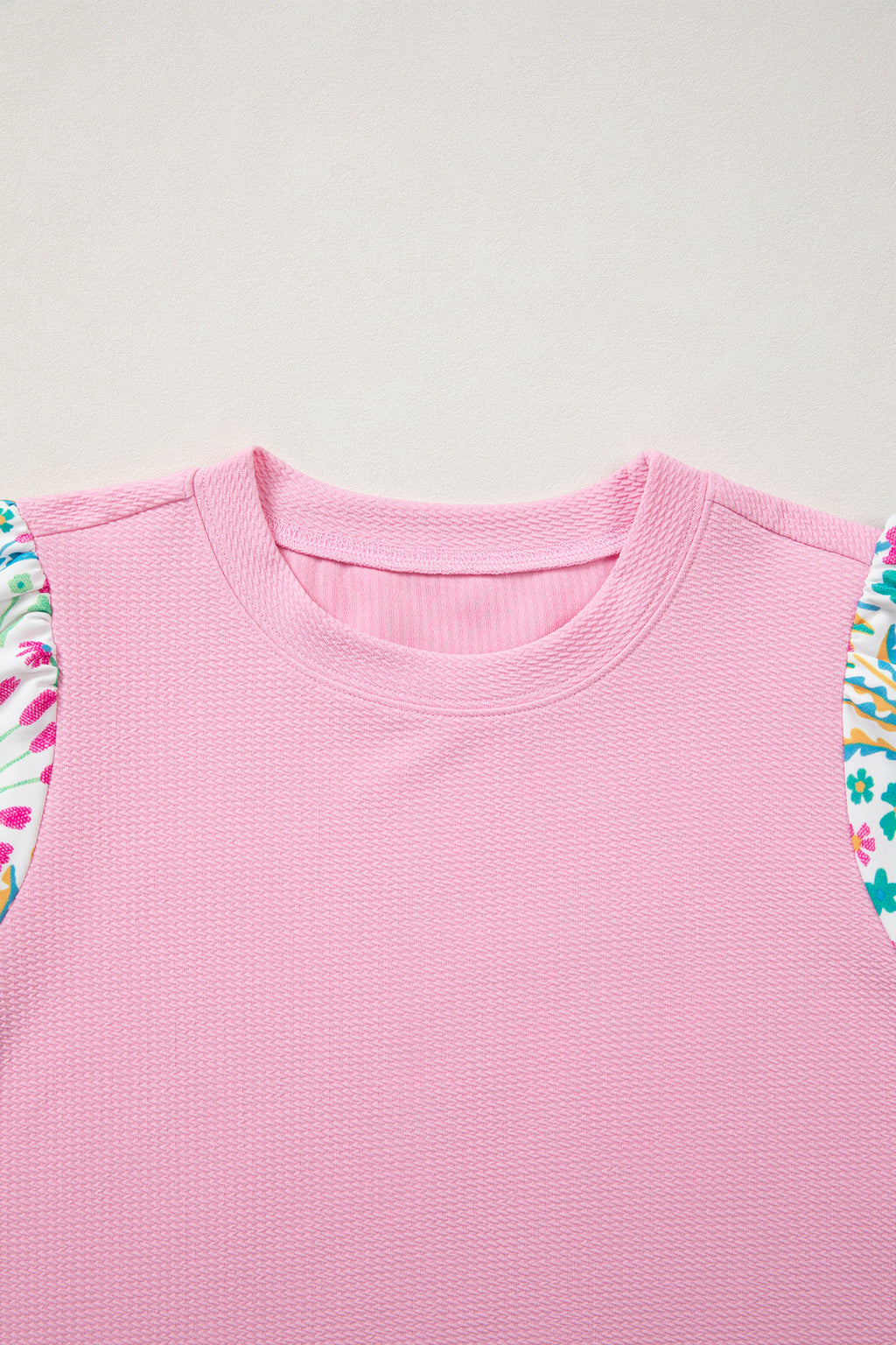 Pink Round Neck Textured Contrast Floral Bubble Sleeve Blouse