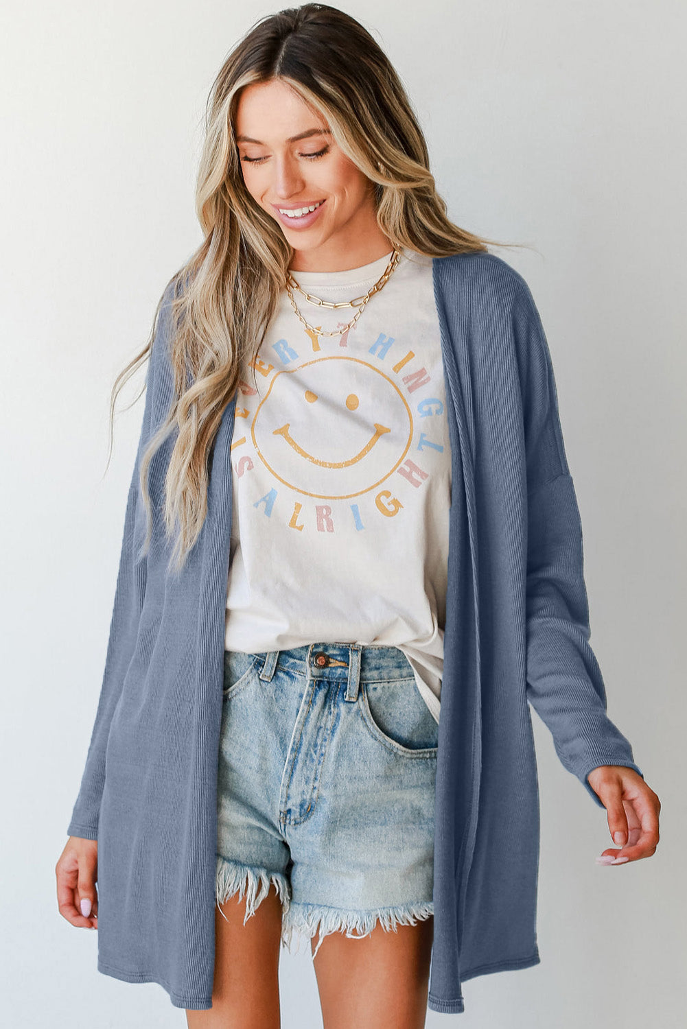 Ashleigh Blue Solid Color Rib Knit Open Front Tunic Cardigan 🇨🇳