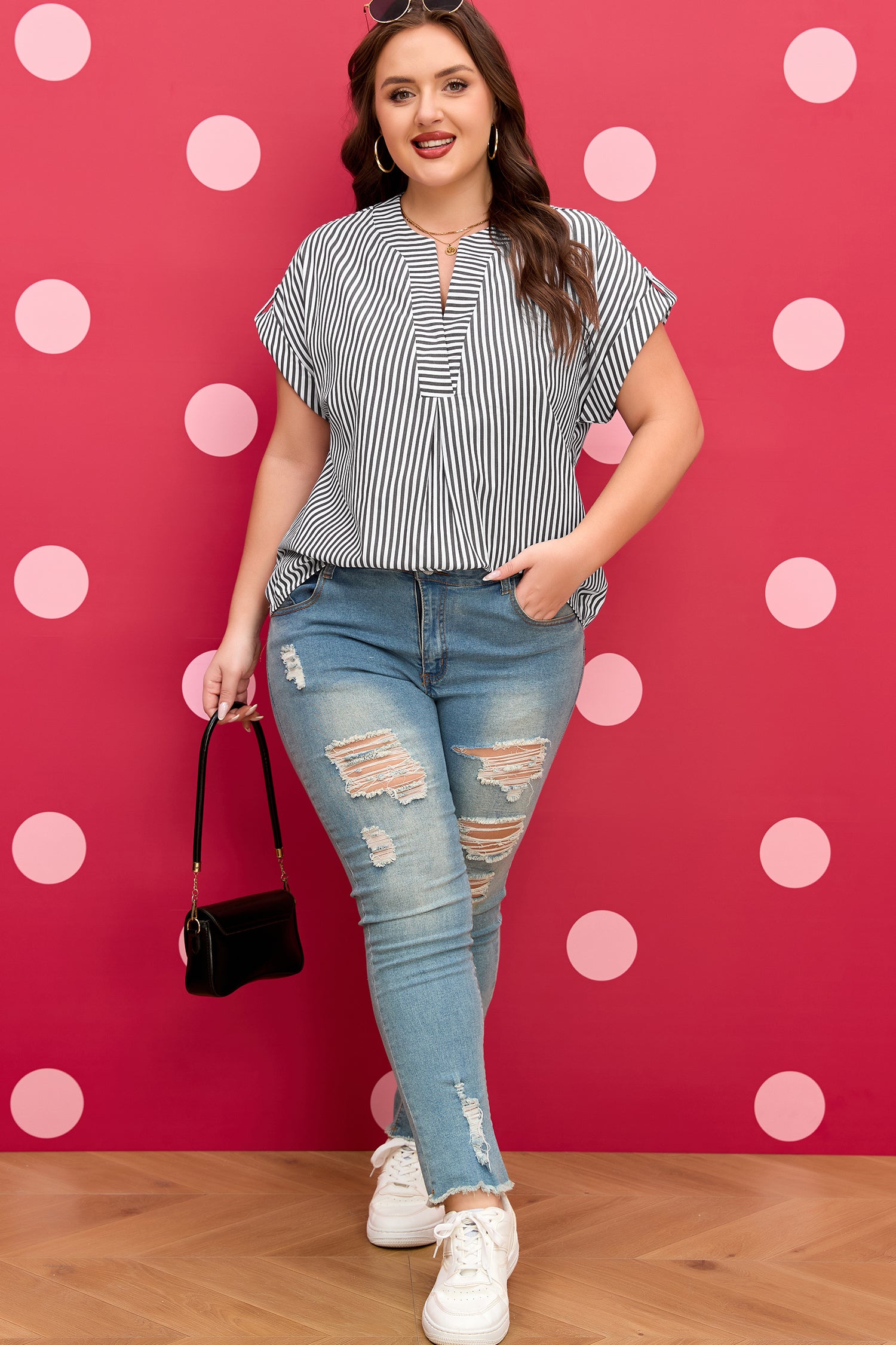 Black Stripe Plus Size V Neck Roll-tab Short Dolman Sleeve Blouse 🇺🇸