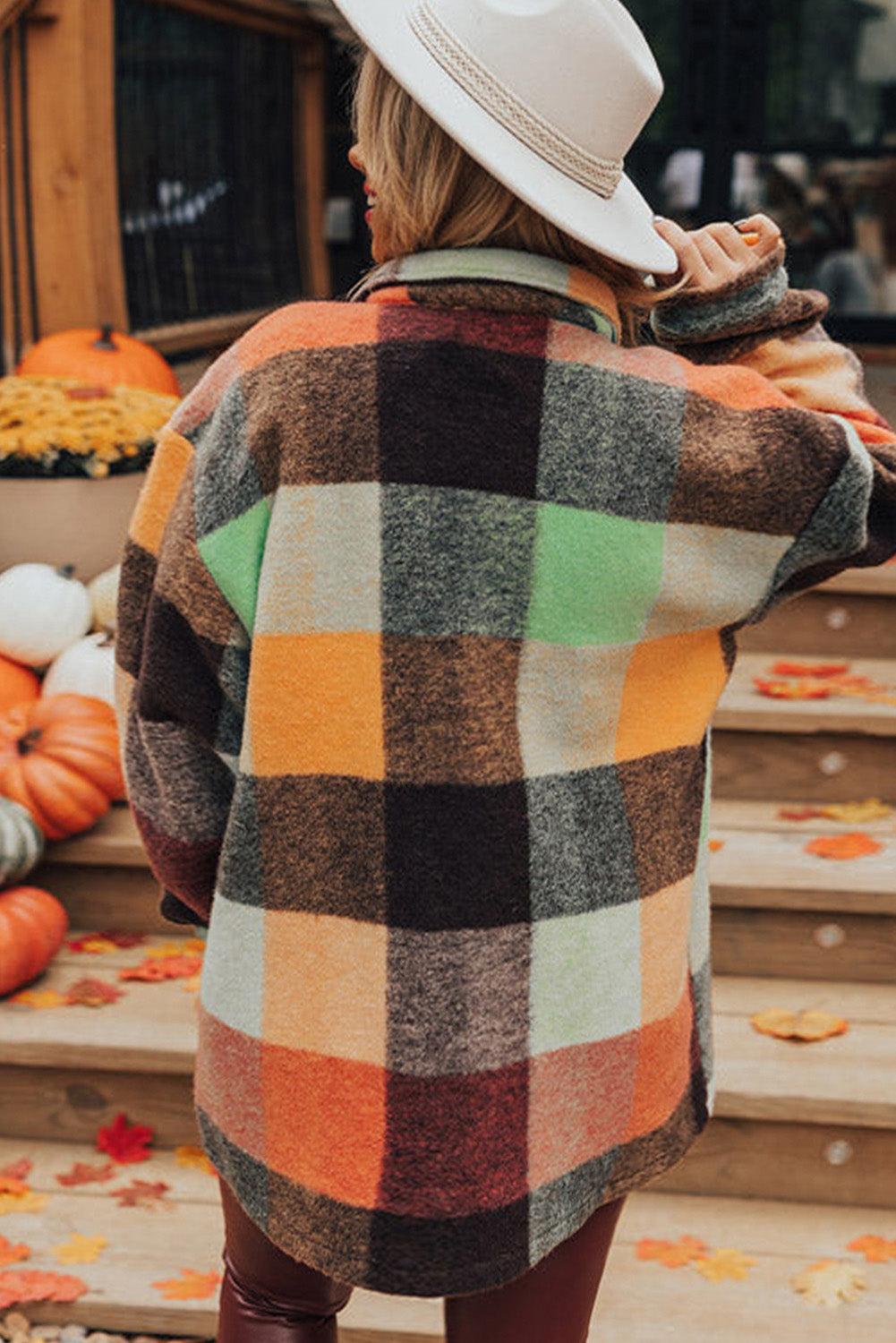 Orange Plaid Print Flap Pocket Long Jacket 🇺🇸
