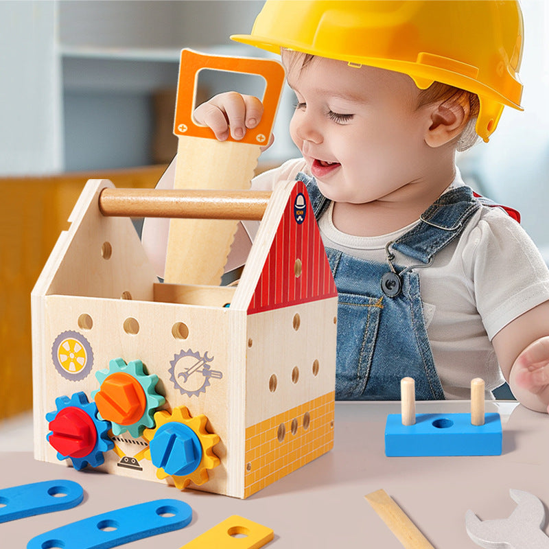 Children's wooden multifunctional toolbox, busy block, screw and nut removal, hand-held tool, blue puzzle toy 🇨🇳