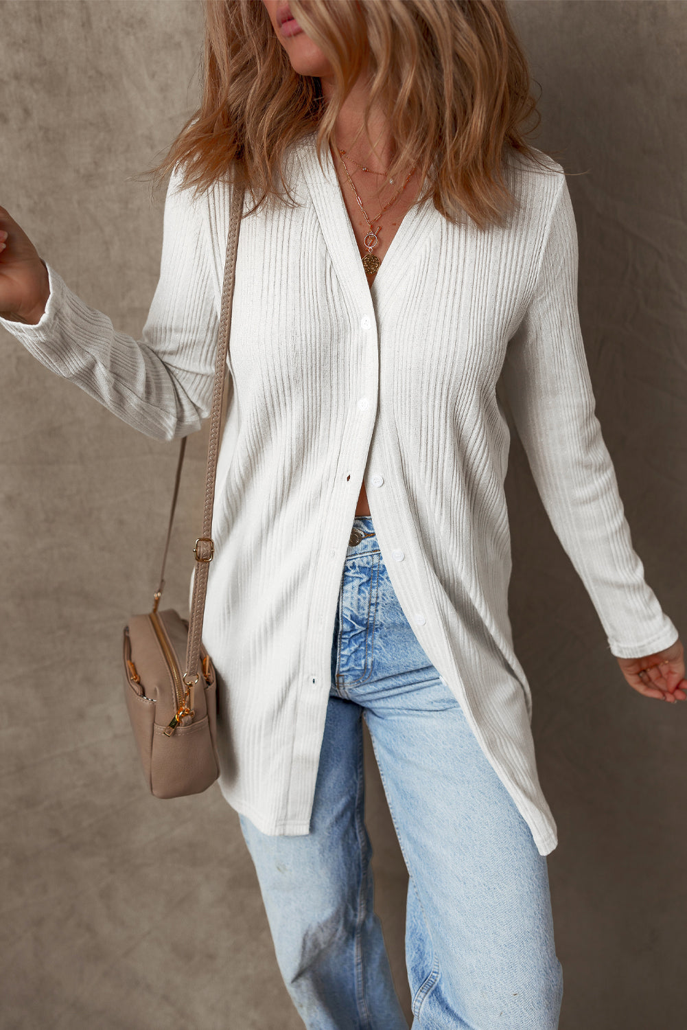 White Solid Color Ribbed Button up Tunic Cardigan 🇺🇲