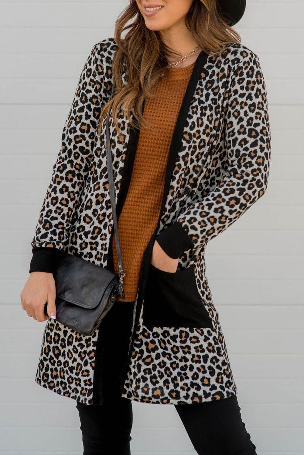 Black Leopard Patched Pocket Open Front Cardigan 🇺🇸