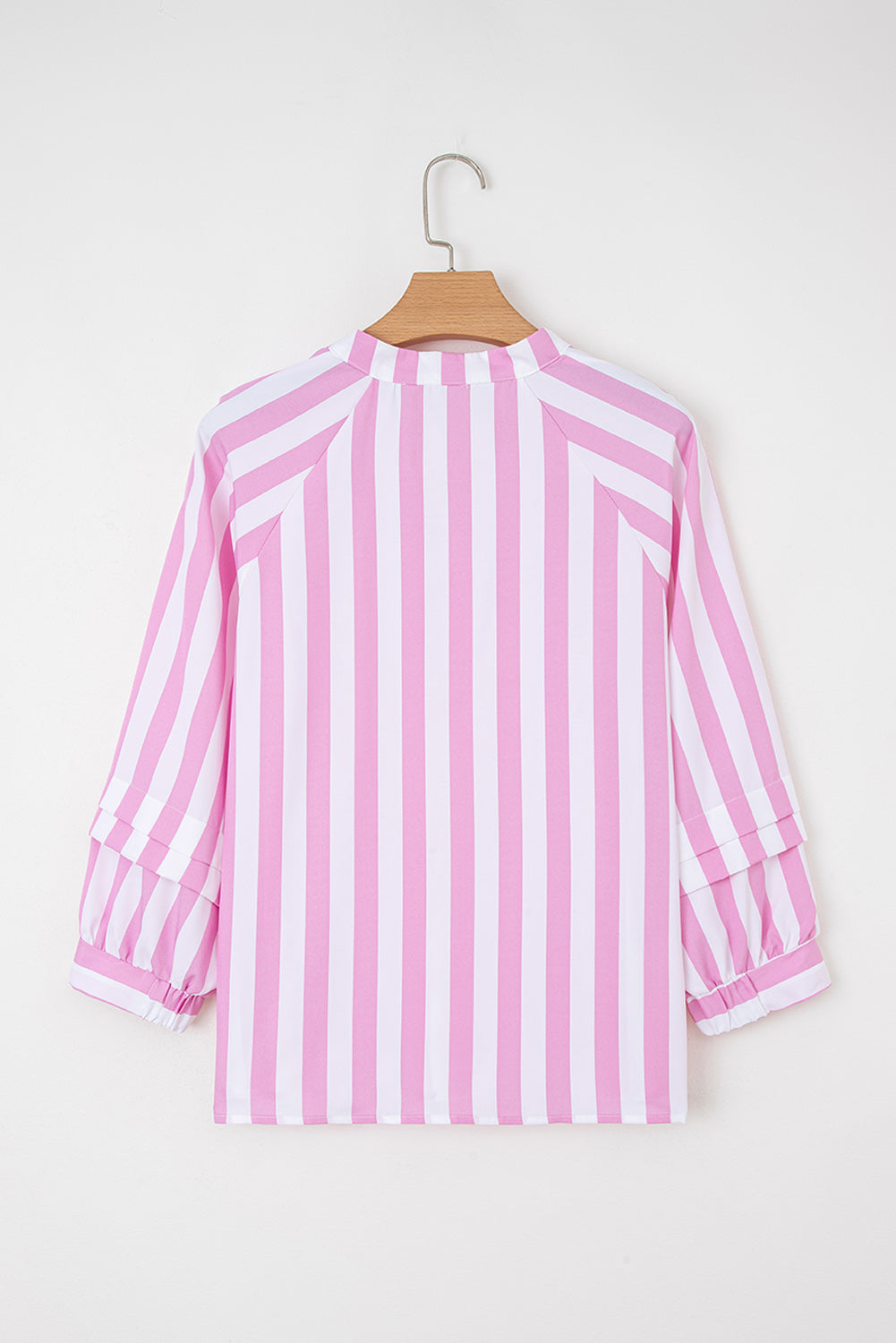 Rose Stripe Split Neck Button Decor Front Puff Sleeve Blouse 🇺🇸