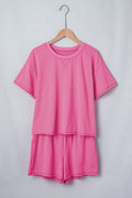 Bright Pink Seam Detail Raw Edge Tee Rainbow Waistband Casual Short Set 🇺🇸