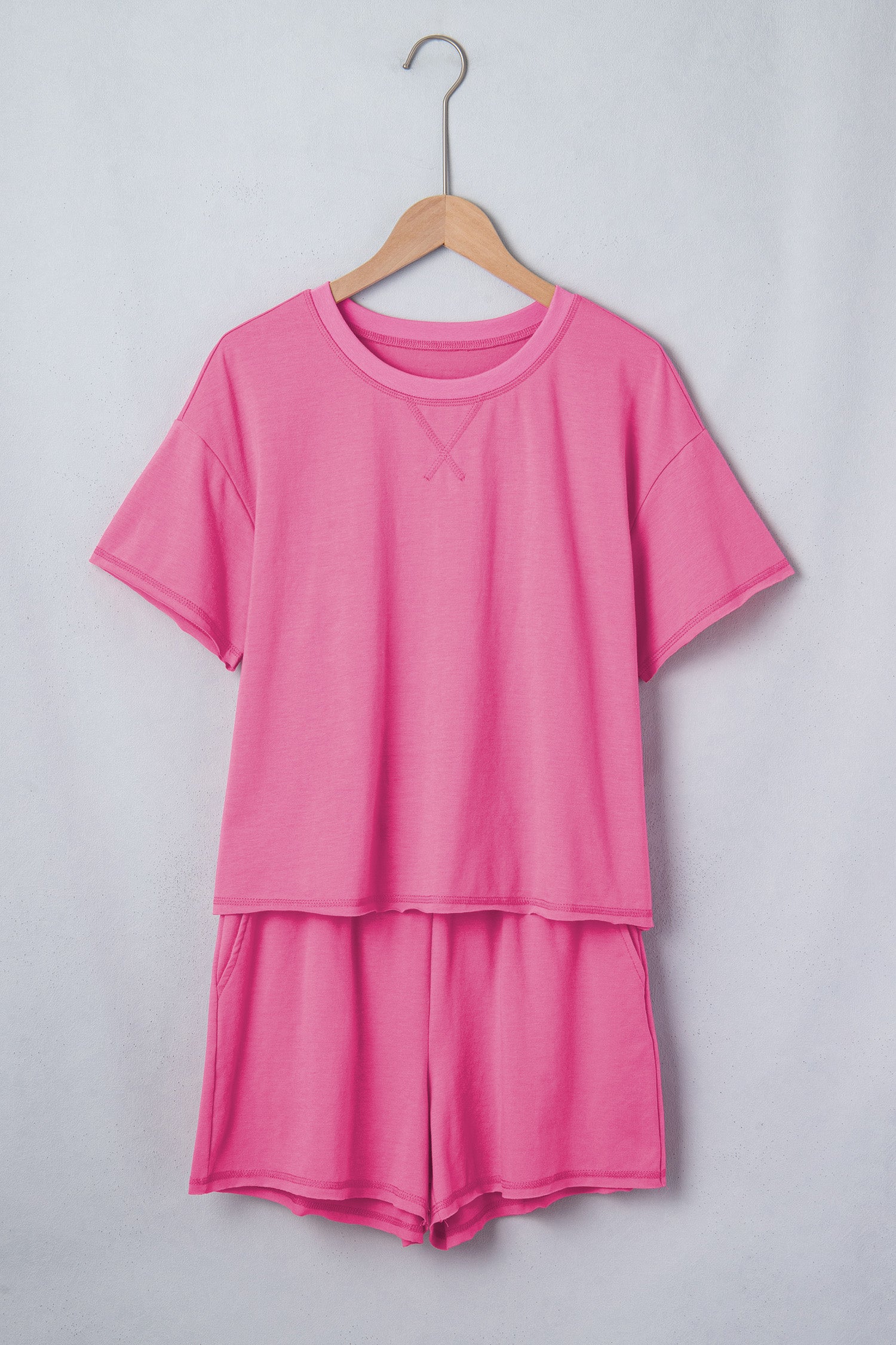 Bright Pink Seam Detail Raw Edge Tee Rainbow Waistband Casual Short Set 🇺🇸
