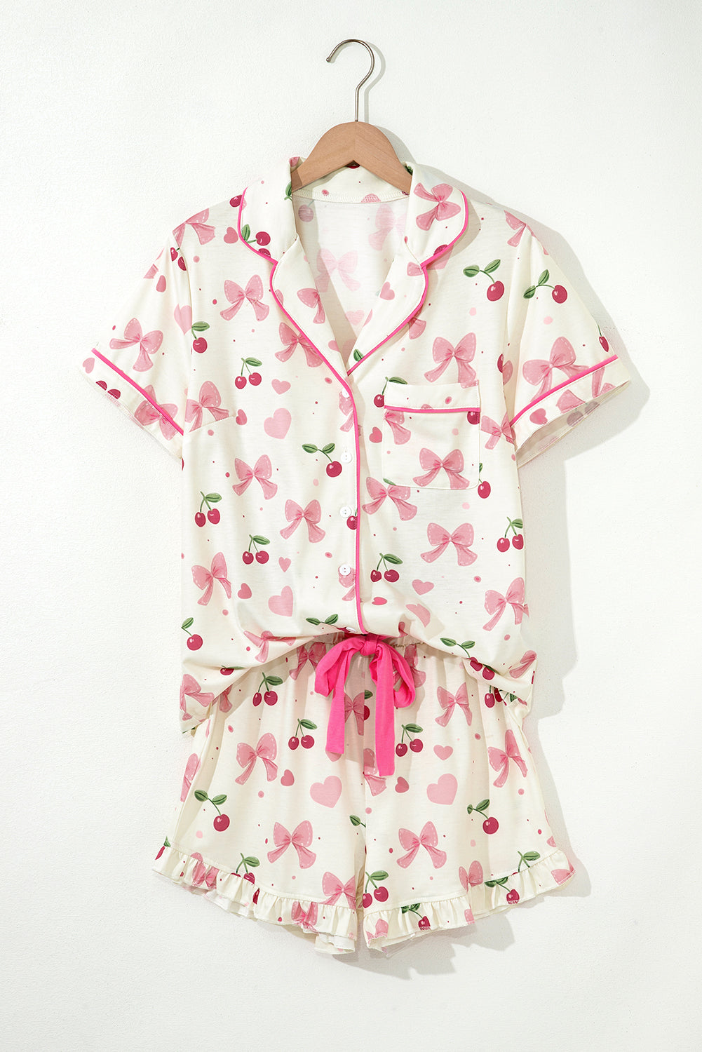 Beige Bow Fruit Print Contrast Pipping Short Pajamas Set 🇨🇳