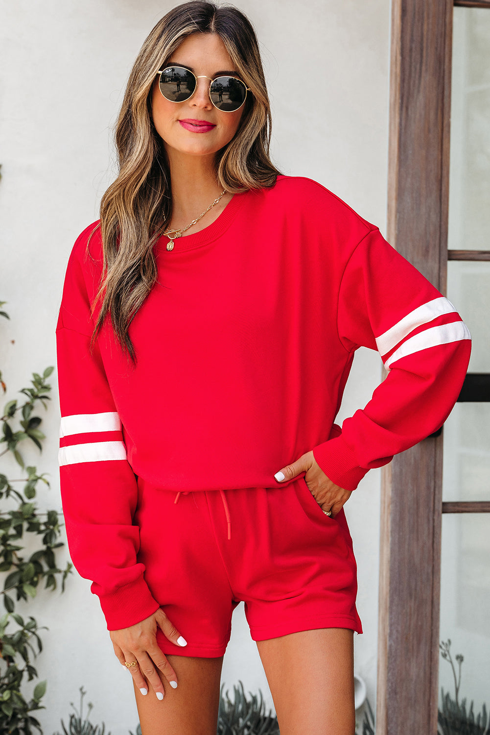 Fiery Red Varsity Striped Sleeve Drop Shoulder Sweatshirt and Short Set 🇺🇲