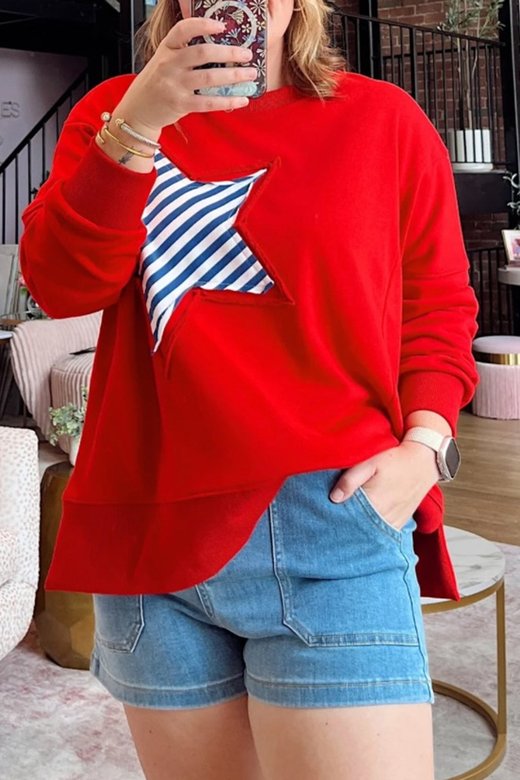Fiery Red Patch Embroidery Star Colorblock Plus Size Sweatshirt 🇺🇸