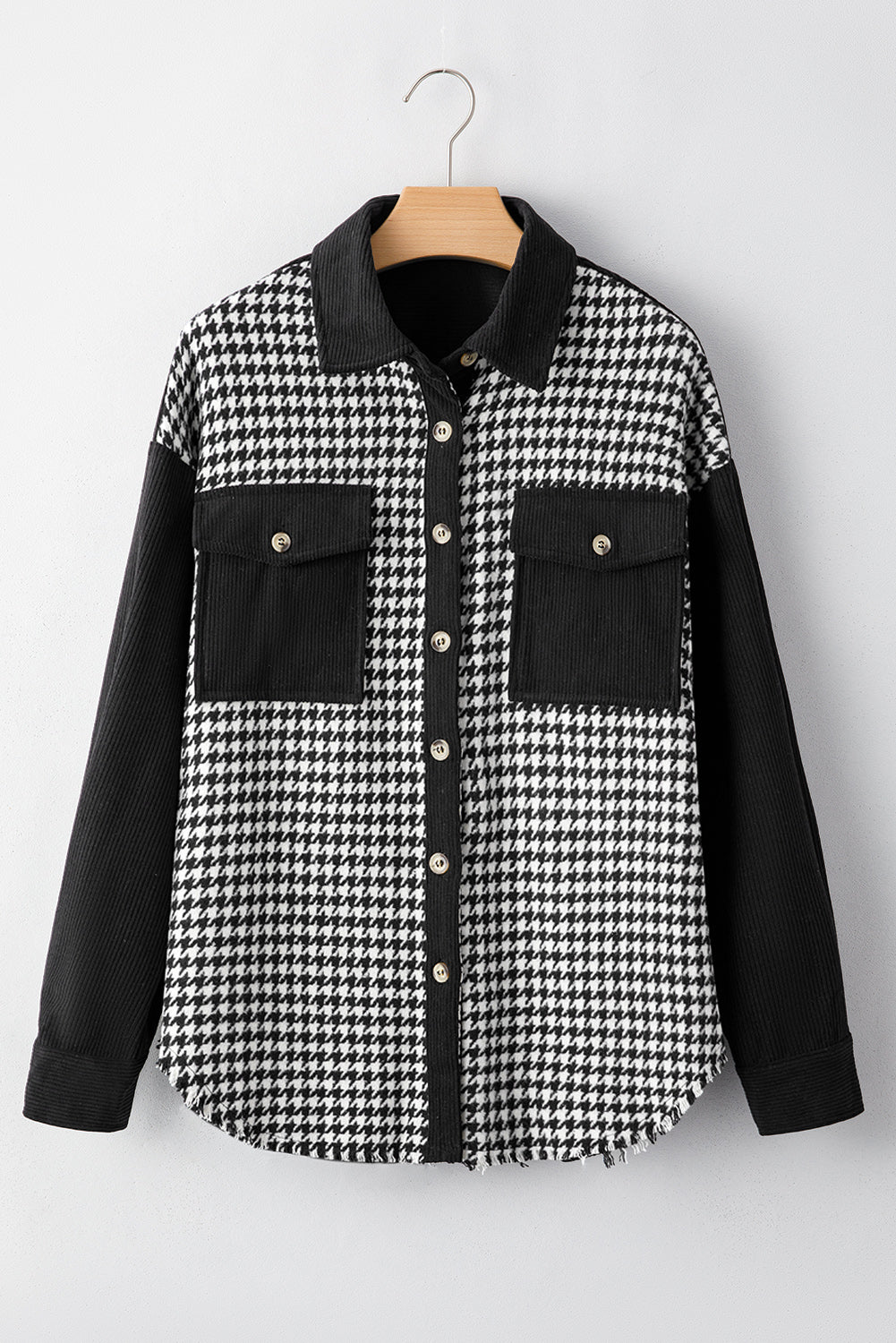 Black Houndstooth Corduroy Patchwork Flap Pocket Shacket 🇺🇸