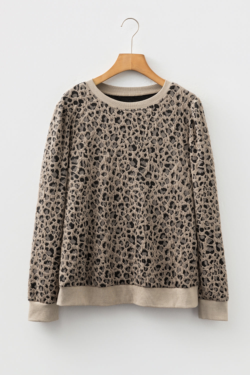 Khaki Ribbed Trim Leopard Print Long Sleeve Top 🇺🇸