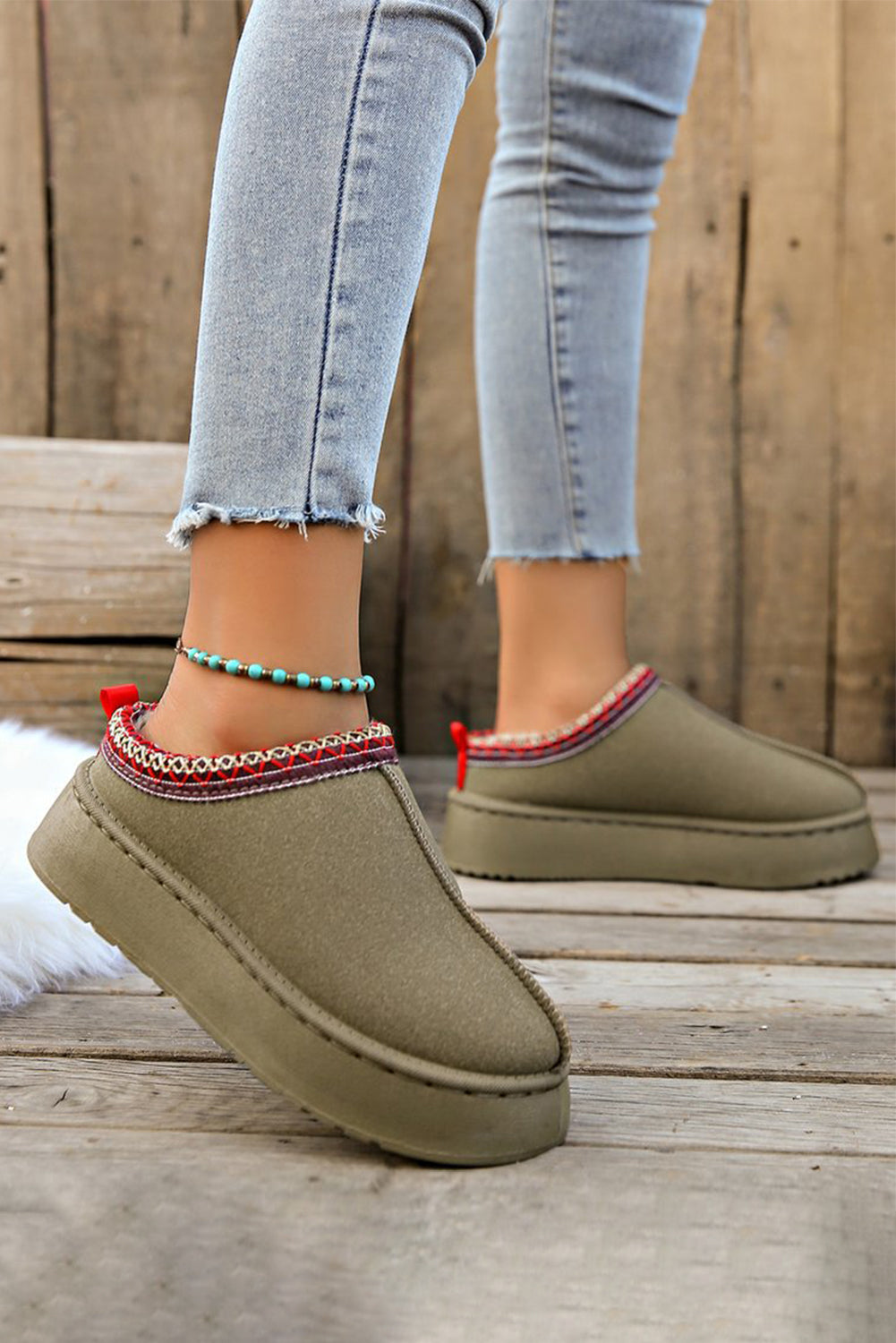 Sage Green Contrast Print Suede Plush Lined Boots/slippers 🇨🇳