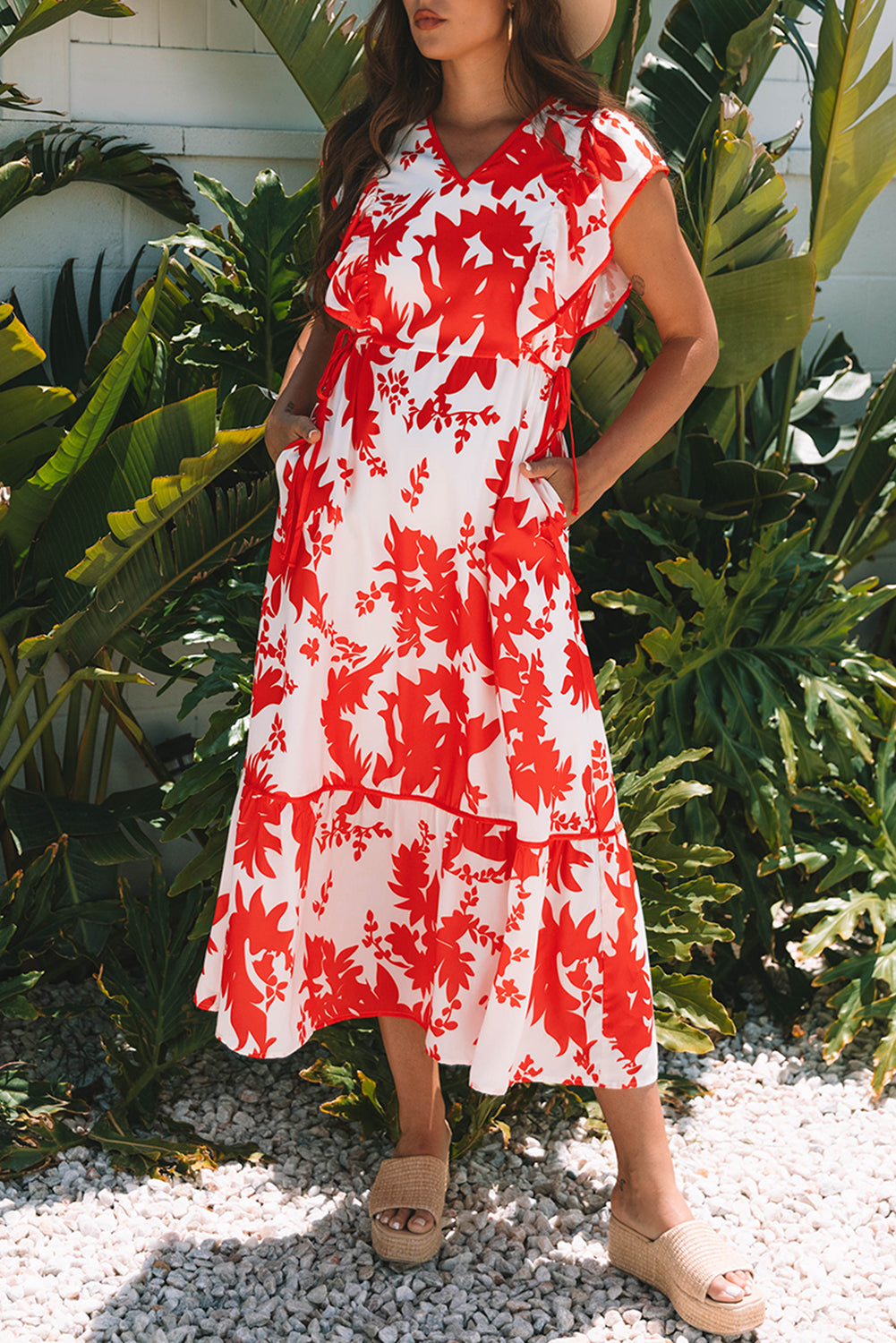 Red Floral Print Trimmed V Neck Ruffle Sleeve Long Dress 🇺🇸
