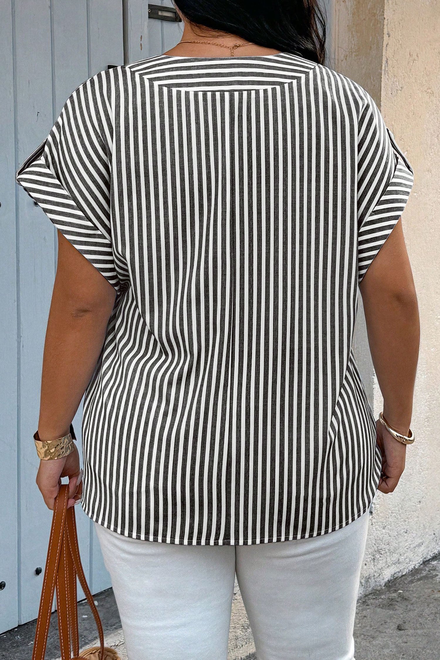 Black Stripe Plus Size V Neck Roll-tab Short Dolman Sleeve Blouse 🇺🇸