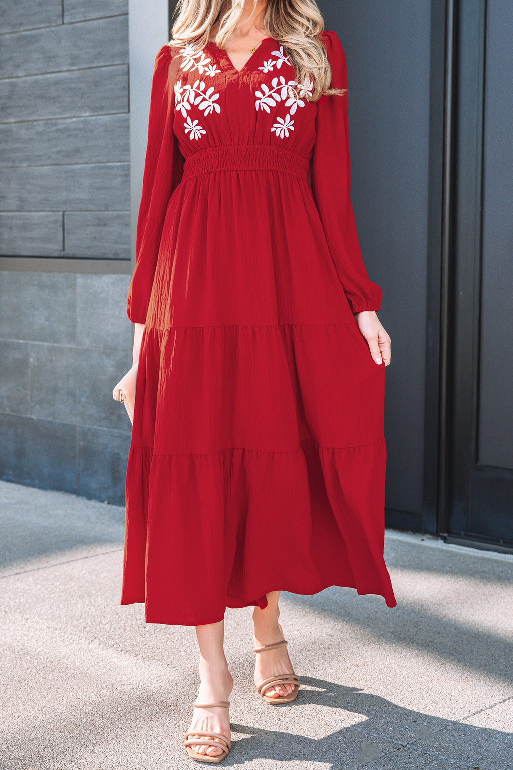 Racing Red Contrast Embroidered Detail Cinched Waist Tiered Long Sleeve Maxi Dress 🇺🇸