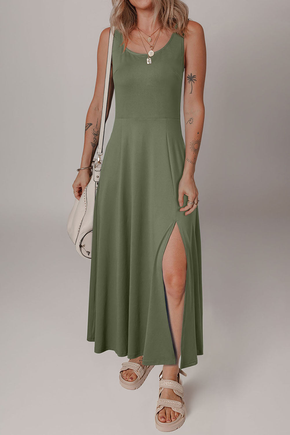 Four Leaf Clover Sleeveless Scoop Neck Flared Split Midi Dress 🇨🇳