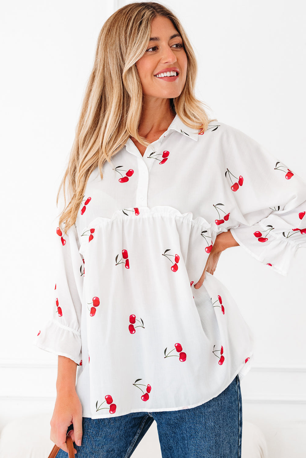 White Cherry Print Flounce Sleeve Collared Frilled Babydoll Blouse 🇺🇸
