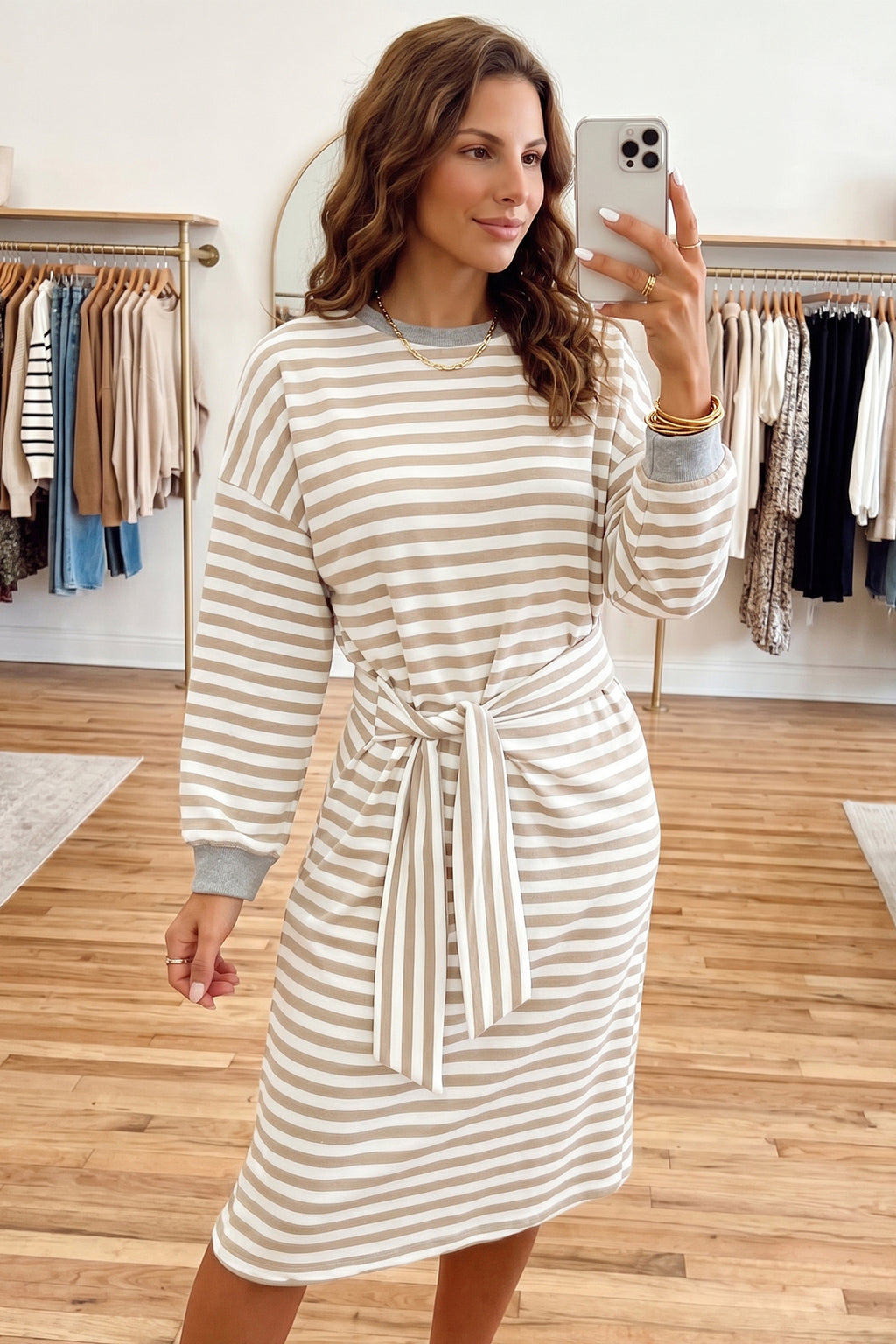 Khaki Stripe Striped Colorblock Cuffs Round Neck Long Sleeve Shift Dress 🇺🇸