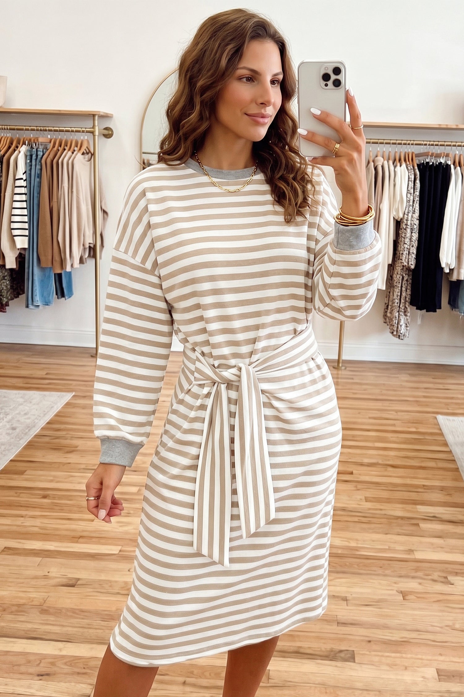 Khaki Stripe Striped Colorblock Cuffs Round Neck Long Sleeve Shift Dress 🇺🇸