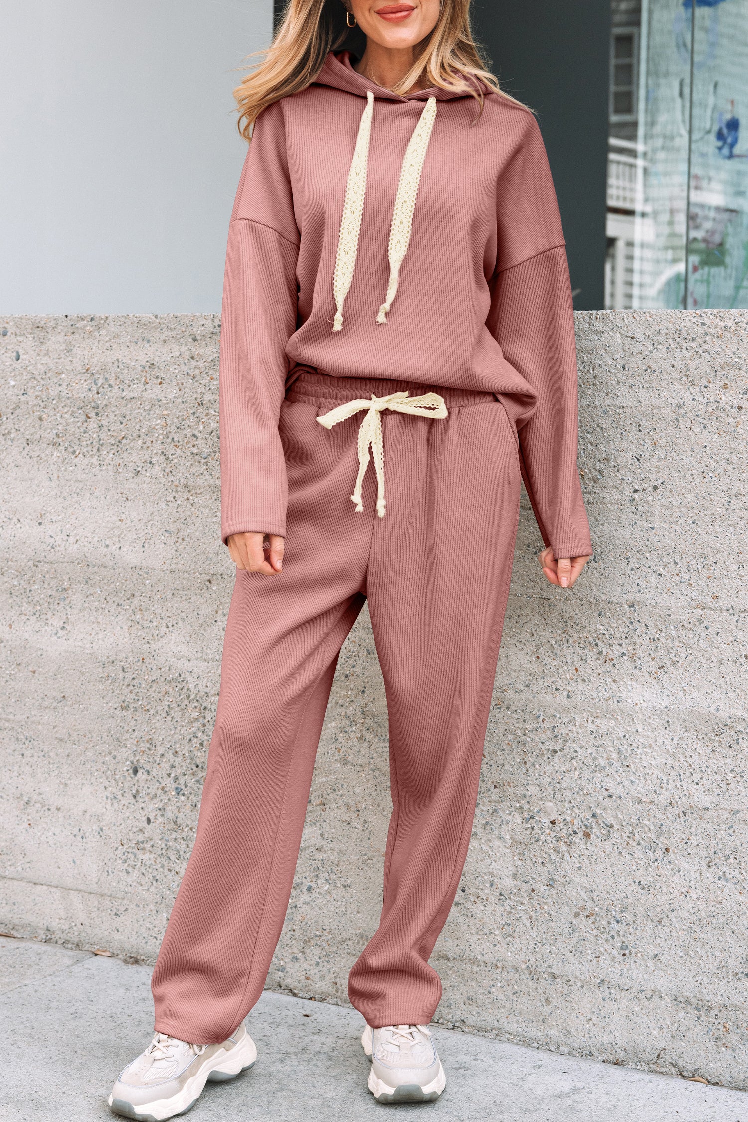Rose Tan Lace Drawstring Pullover Hoodie and High Waist Pants Corduroy Suit 🇺🇸