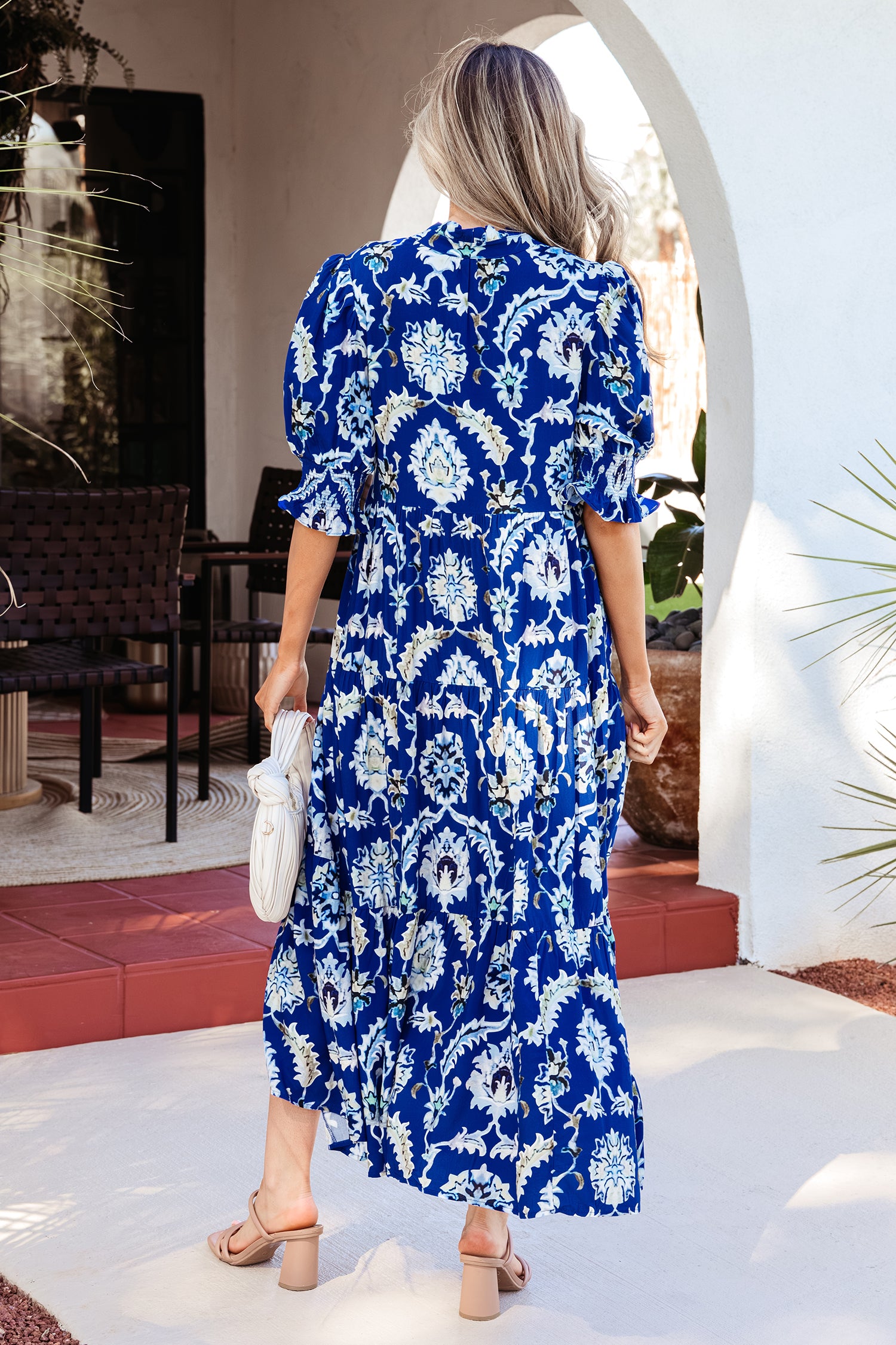 Blue Wild Floral Print Frilled Collar Half Sleeve Long Dress 🇺🇸