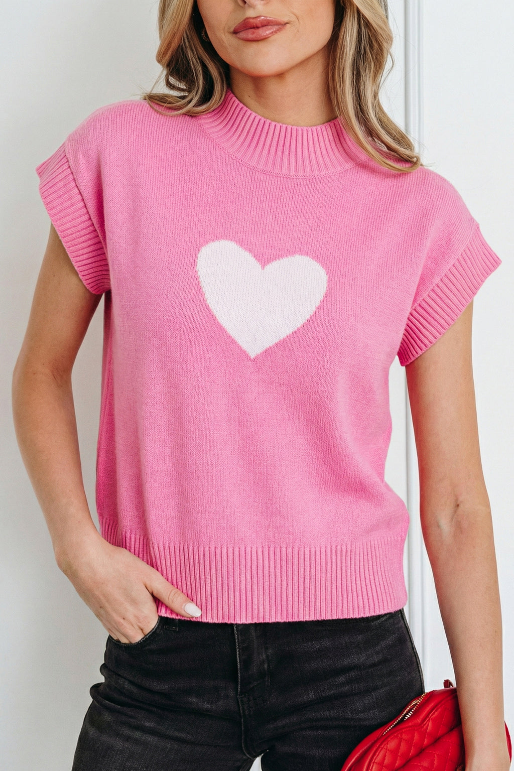 Pink Heart Graphic Cropped Short Sleeve Sweater 🇺🇸