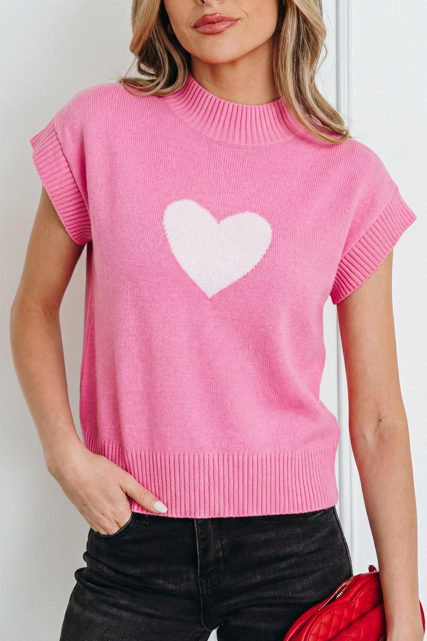 Pink Heart Graphic Cropped Short Sleeve Sweater 🇺🇸