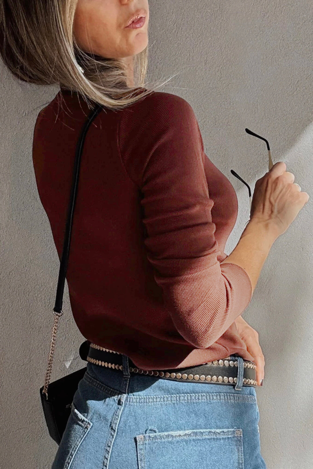 Burgundy Gathered Bust Square Neck Ribbed Fit Long Sleeve Top 🇺🇸
