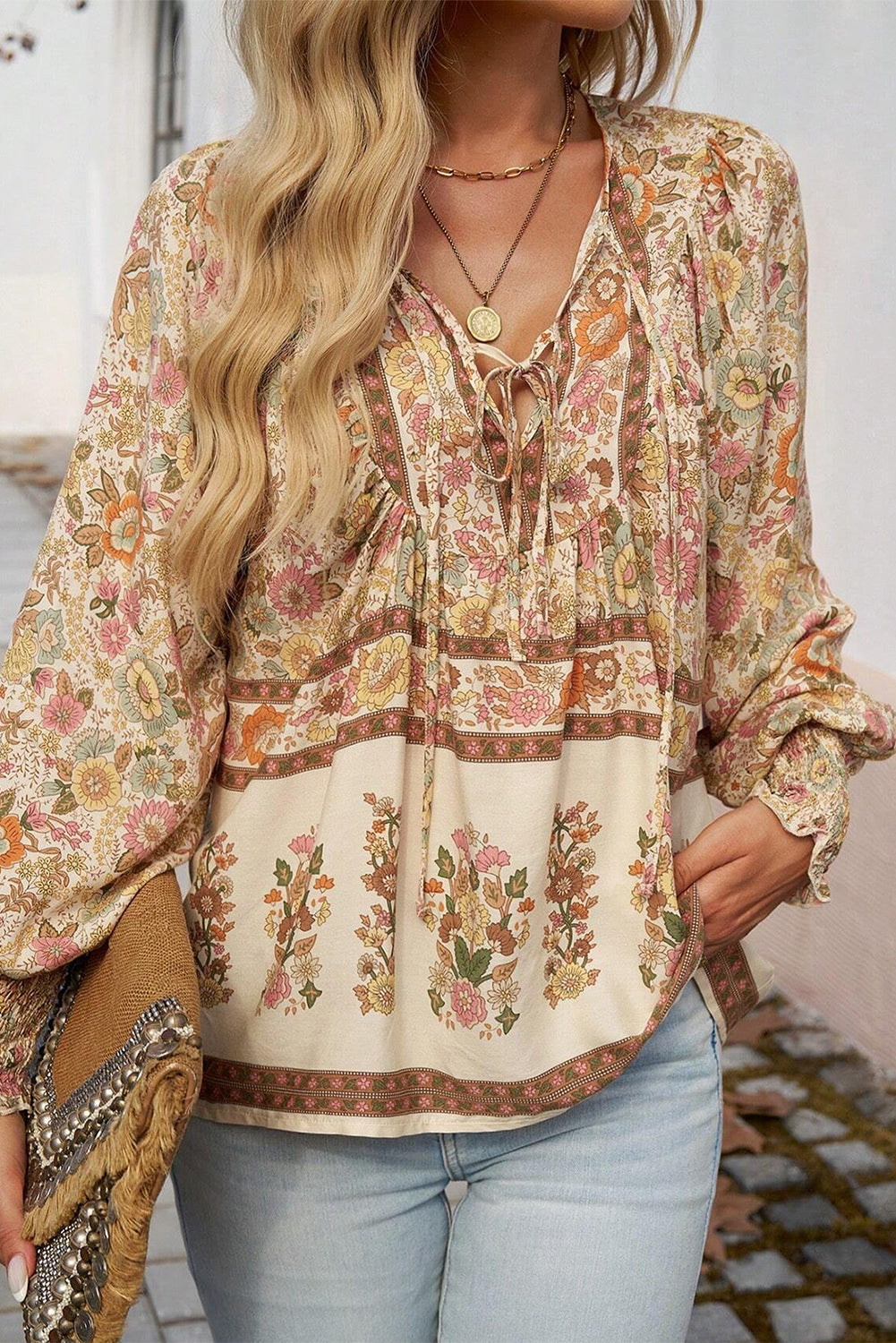 Yellow Floral Print Tie Neck Lantern Sleeve Blouse 🇺🇸