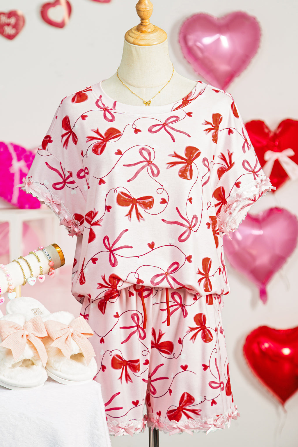 Red Romantic Bow Print Loose Tee Drawstring Shorts 2pcs Lounge Set 🇺🇸